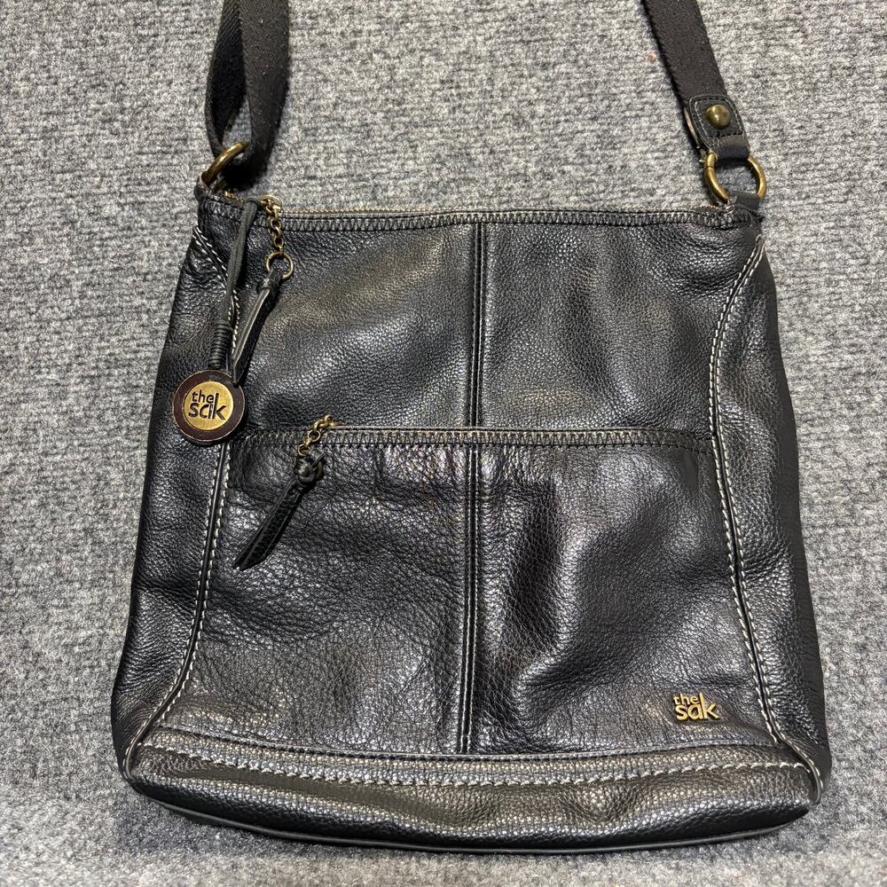 The Sak Black Leather Crossbody Bag Multi Pocket Adjustable Strap Purse Handbag